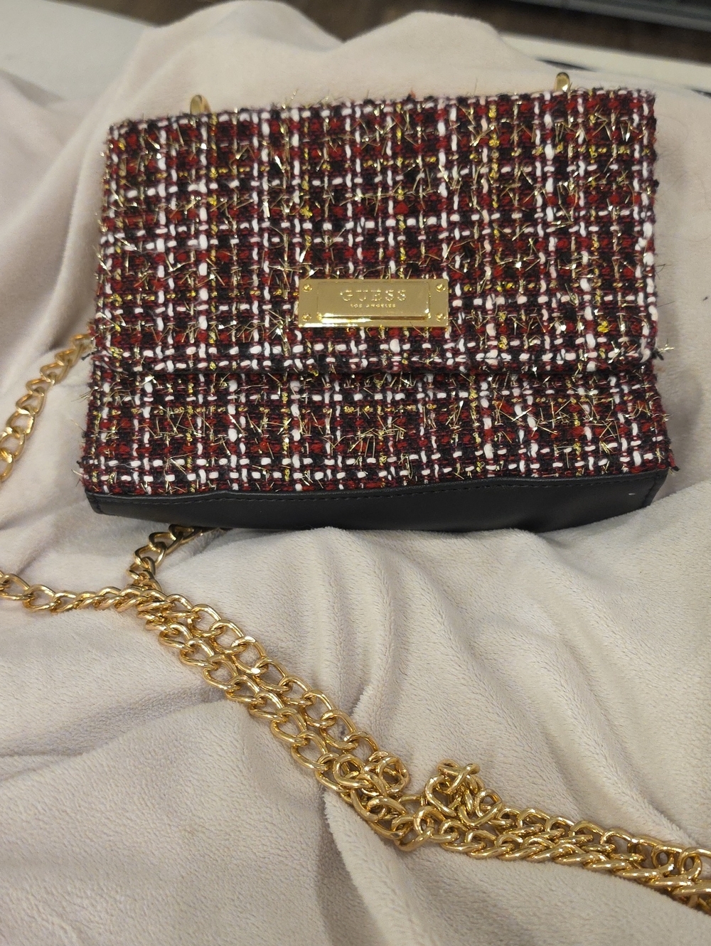 GUESS Tweed Crossbody Bag in Red, Black and White with Gold Chain